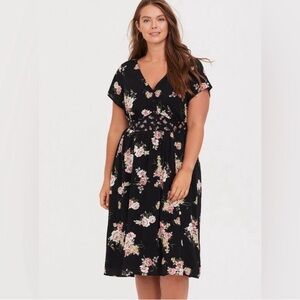 torrid Black Floral Midi Dress with Pink Blossoms